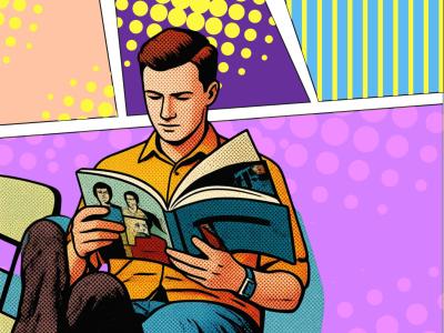 Popart-illustration af en person, der sidder og læser en tegneserie.