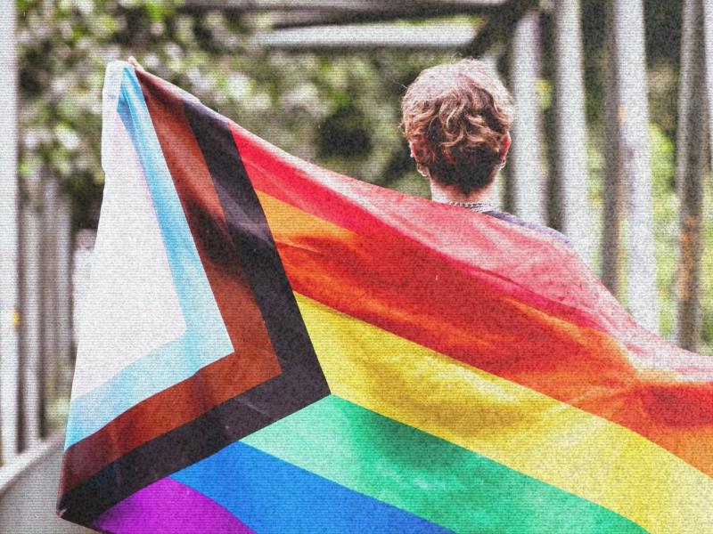 En person set bagfra har et progress pride-flag draperet over skuldrene.